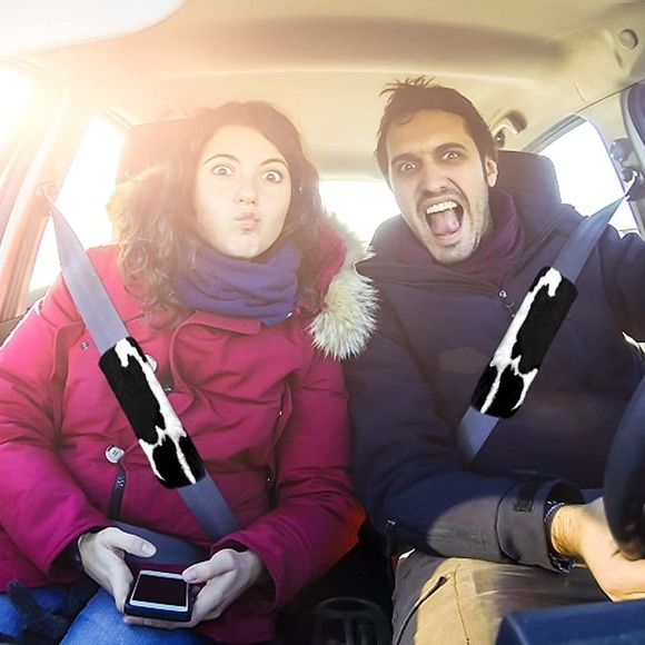 2 Cow Print Fluffy Universal Seat Belt Covers - Picture 2 of 2